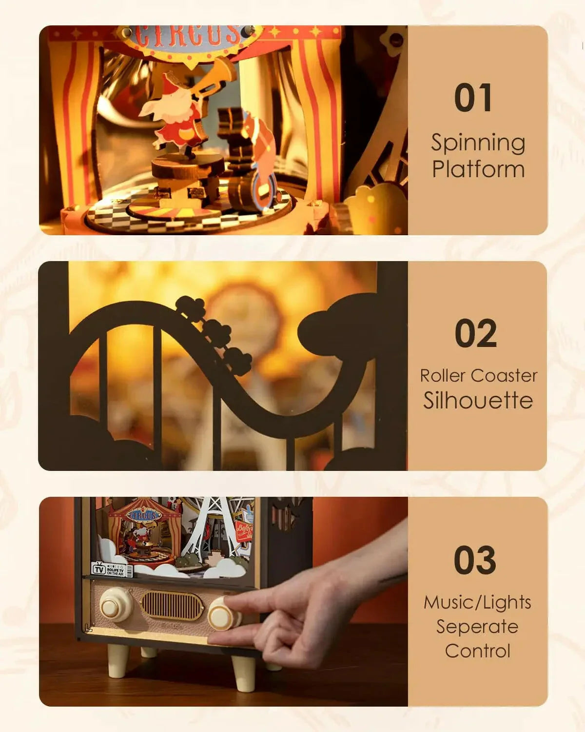 3D Sunset Carnival Music Box – Light-Up Wooden Puzzle for Adults & Kids - Artyhabit