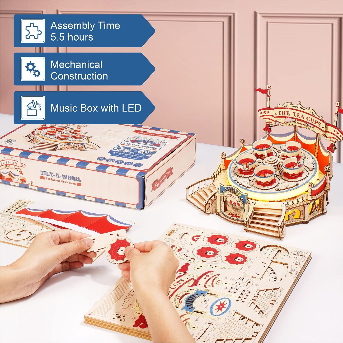 ROKR Tilt-A-Whirl DIY Music Box 3D Wooden Puzzle Kit – Amusement Park Ride Model - Artyhabit