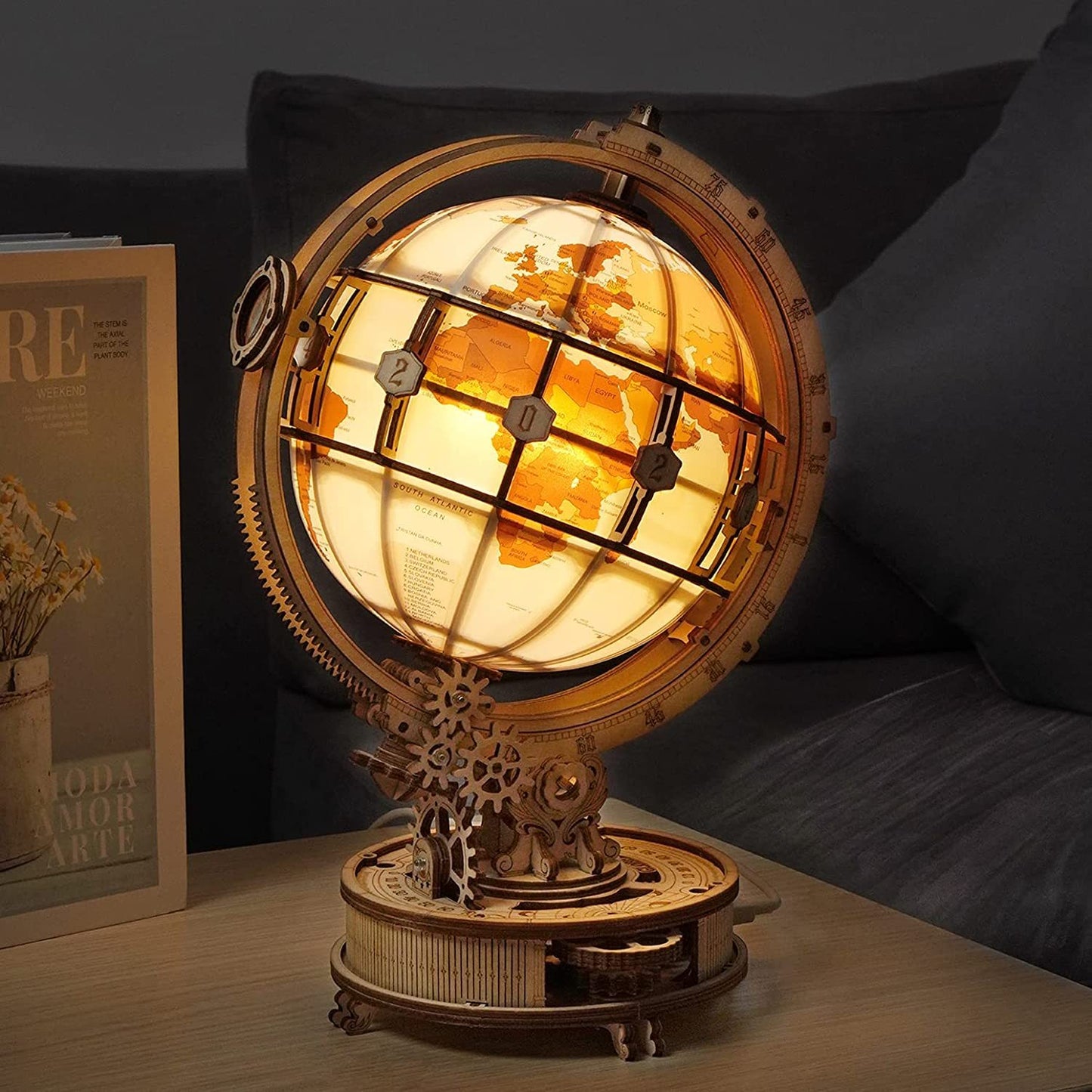ROKR Luminous Globe 3D Wooden Puzzle Kit – Rotating LED Globe Model (ST003) - Artyhabit