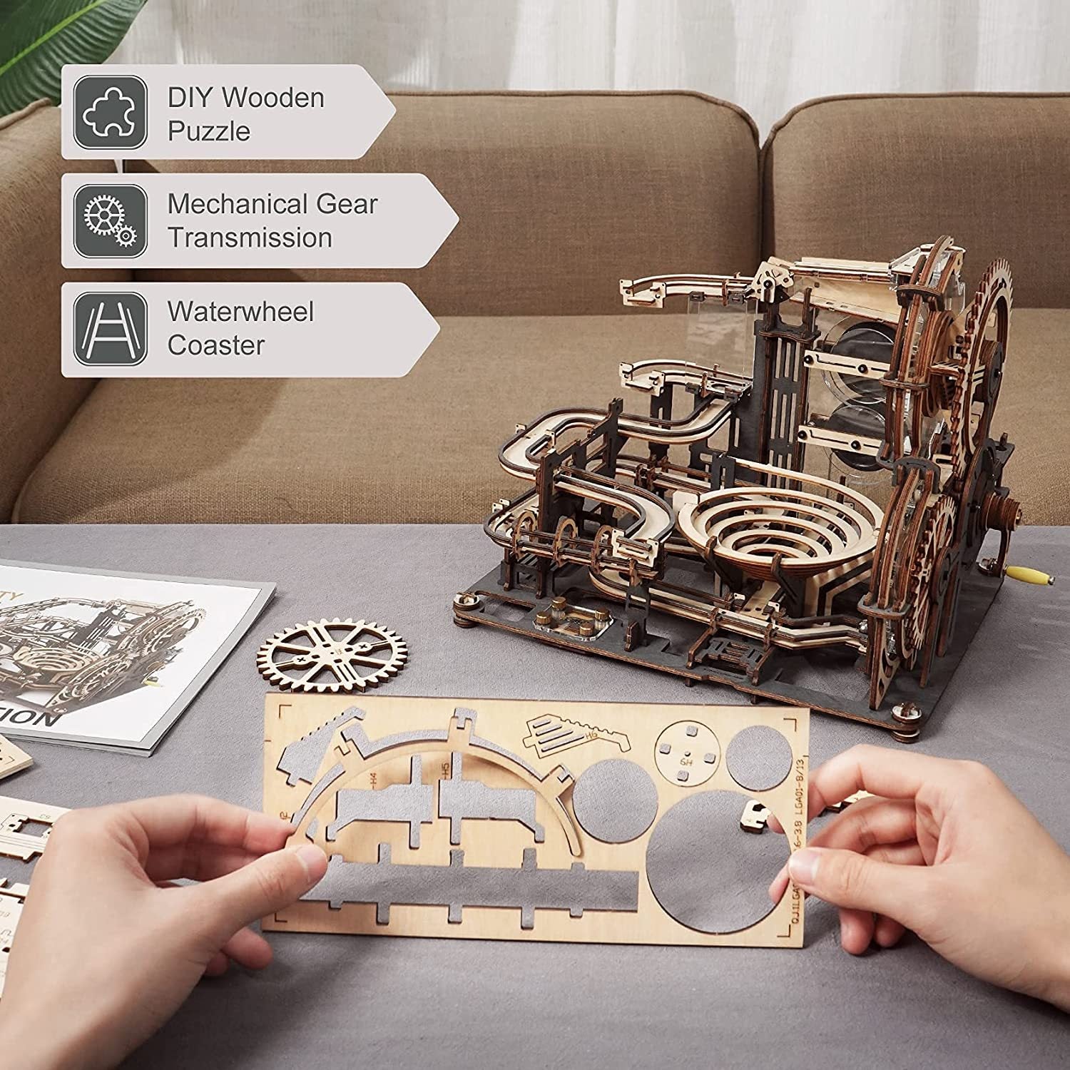 ROKR Marble Night City 3D Wooden Puzzle Kit – Mechanical Marble Run with Lights (LGA01) - Artyhabit