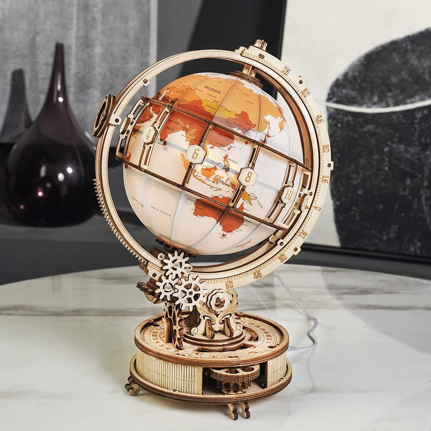 ROKR Luminous Globe 3D Wooden Puzzle Kit – Rotating LED Globe Model (ST003) - Artyhabit
