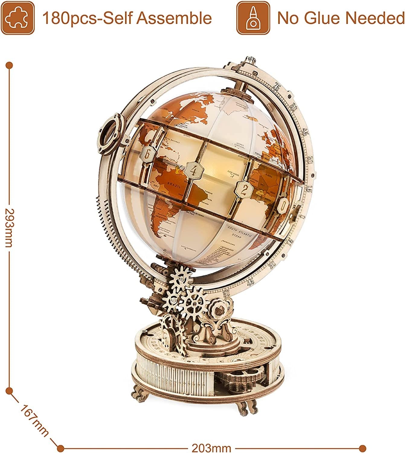 ROKR Luminous Globe 3D Wooden Puzzle Kit – Rotating LED Globe Model (ST003) - Artyhabit