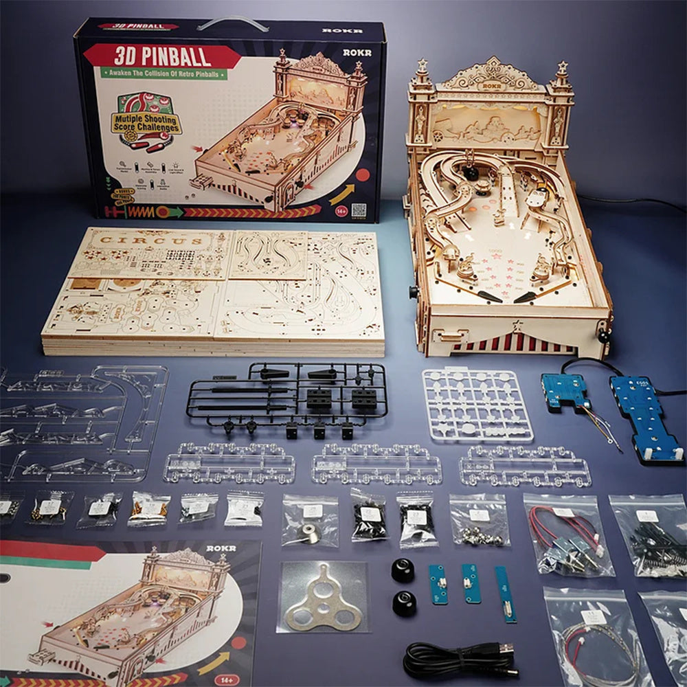 ROKR 3D Pinball Machine DIY Wooden Puzzle Kit (EG01) – Mechanical Pinball Game with Lights & Sound - Artyhabit