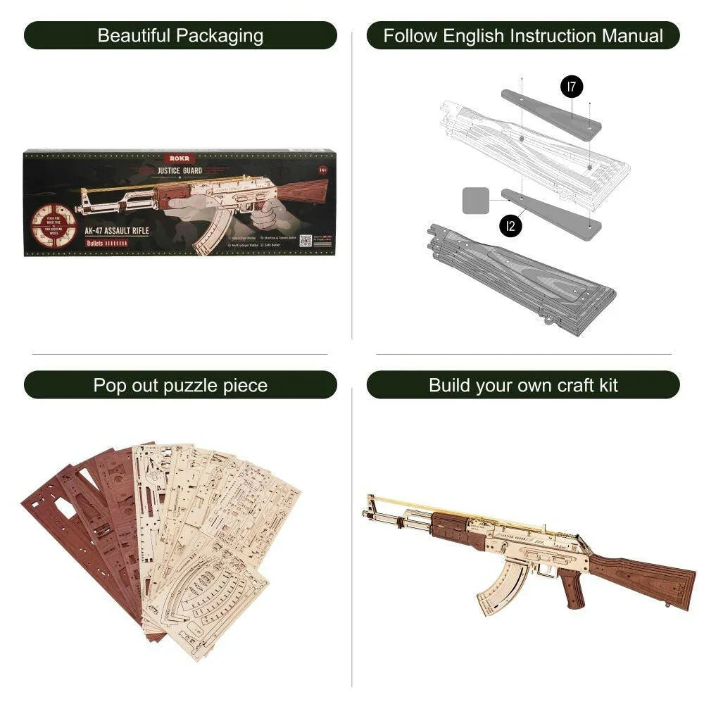 3D Wooden AK-47 Puzzle Gun – Rokr Automatic Rifle DIY Model Kit - Artyhabit