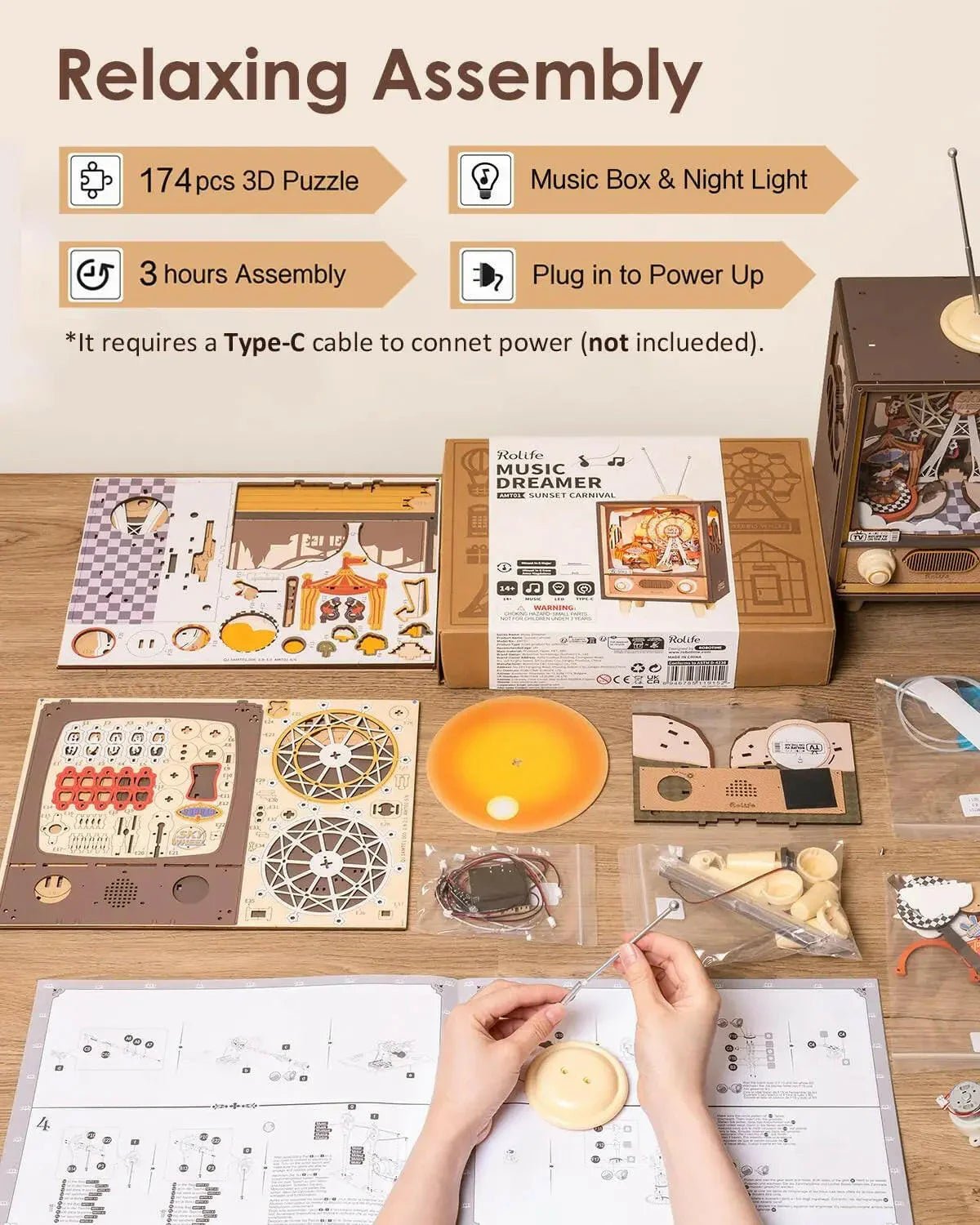 3D Sunset Carnival Music Box – Light-Up Wooden Puzzle for Adults & Kids - Artyhabit
