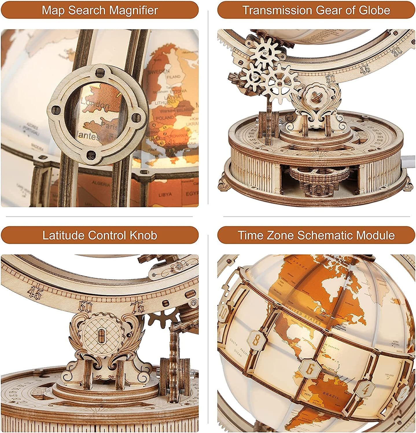 ROKR Luminous Globe 3D Wooden Puzzle Kit – Rotating LED Globe Model (ST003) - Artyhabit