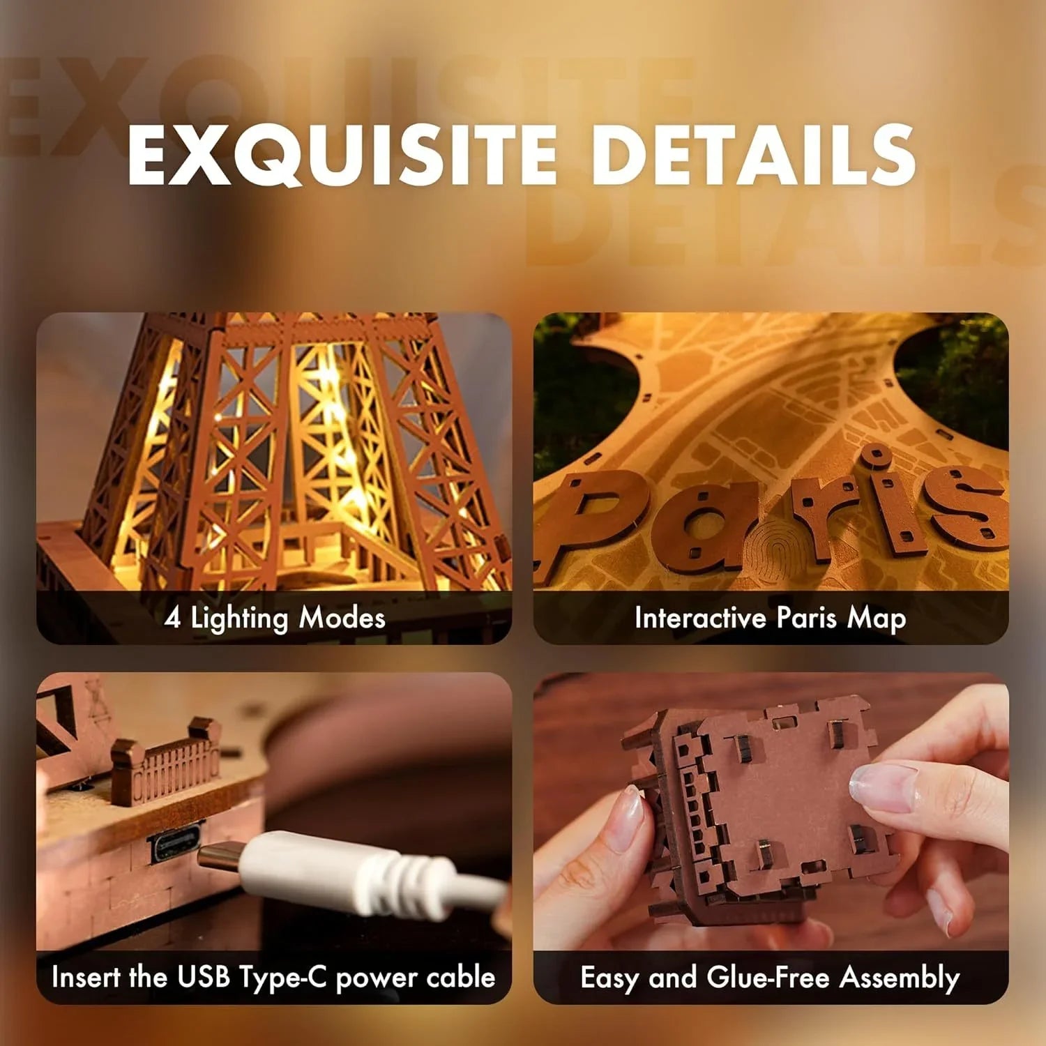 Eiffel Tower 3D Wooden Puzzle – Light-Up Model with 4 Light Shows - Artyhabit
