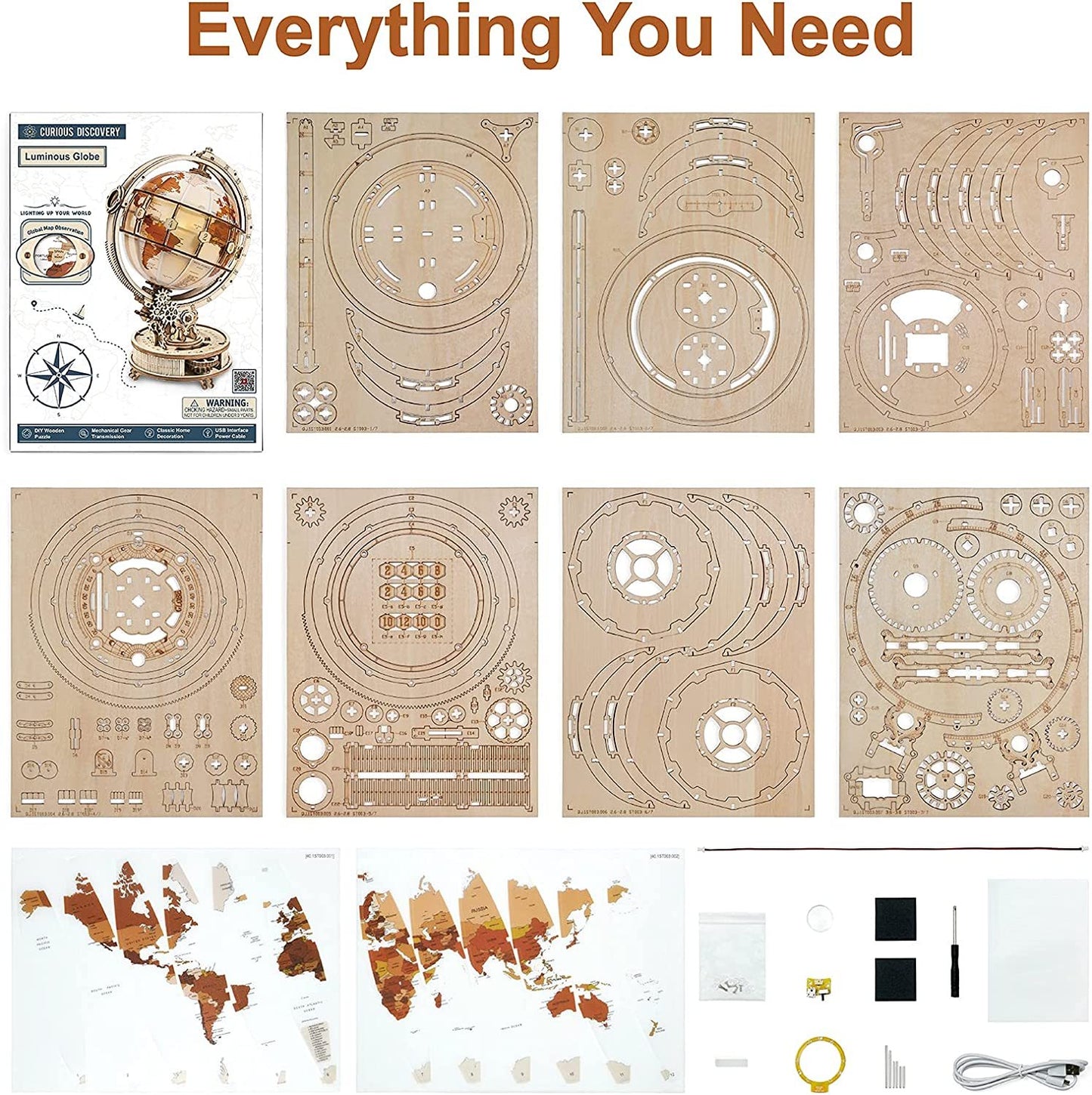 ROKR Luminous Globe 3D Wooden Puzzle Kit – Rotating LED Globe Model (ST003) - Artyhabit