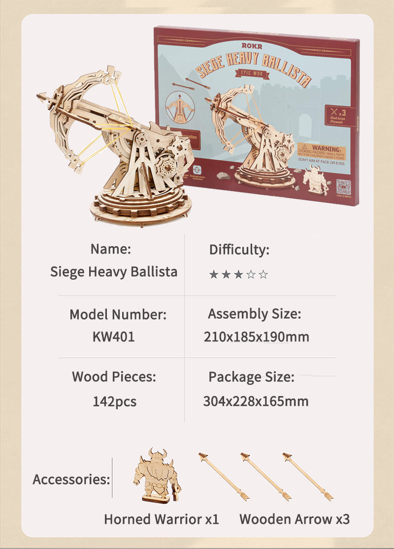 ROKR Siege Heavy Ballista 3D Wooden Puzzle Kit – Medieval War Machine Model (KW401) - Artyhabit