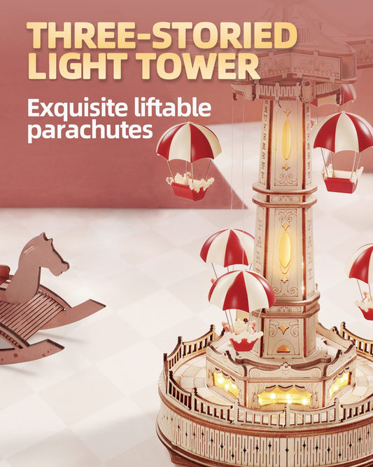ROKR Parachute Tower DIY Music Box 3D Wooden Puzzle Kit (EA01) with Lights & Music - Artyhabit