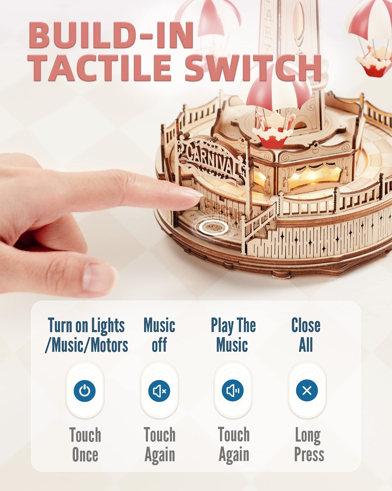 ROKR Parachute Tower DIY Music Box 3D Wooden Puzzle Kit (EA01) with Lights & Music - Artyhabit