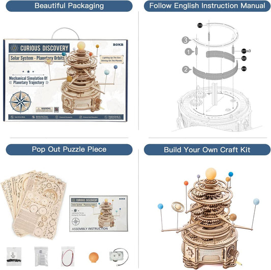 ROKR Mechanical Orrery 3D Wooden Puzzle Kit – Rotating Solar System Model (ST001) - Artyhabit