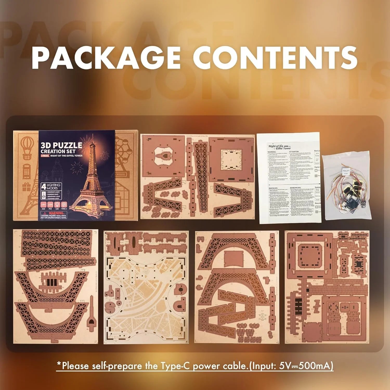 Eiffel Tower 3D Wooden Puzzle – Light-Up Model with 4 Light Shows - Artyhabit