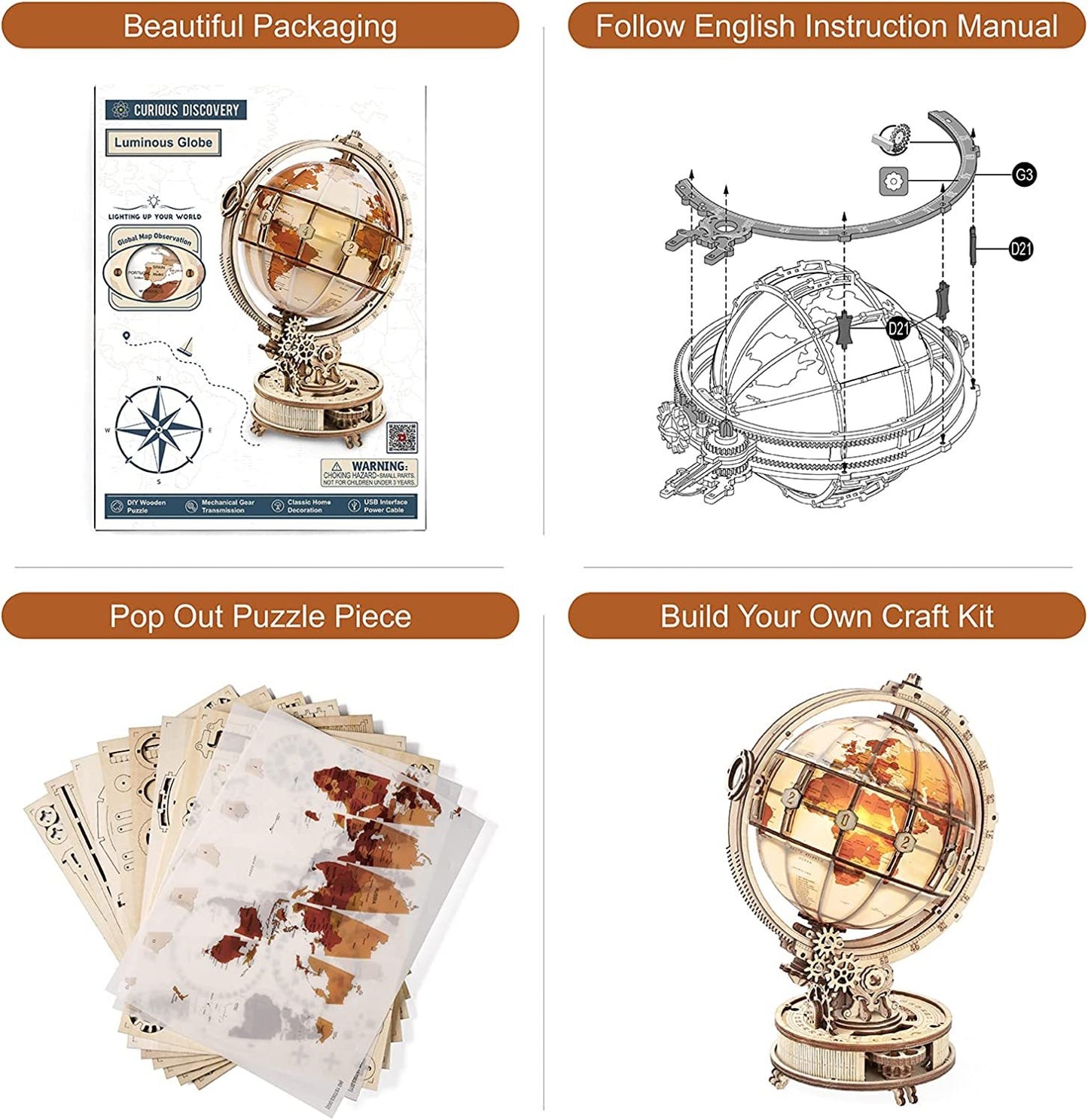 ROKR Luminous Globe 3D Wooden Puzzle Kit – Rotating LED Globe Model (ST003) - Artyhabit
