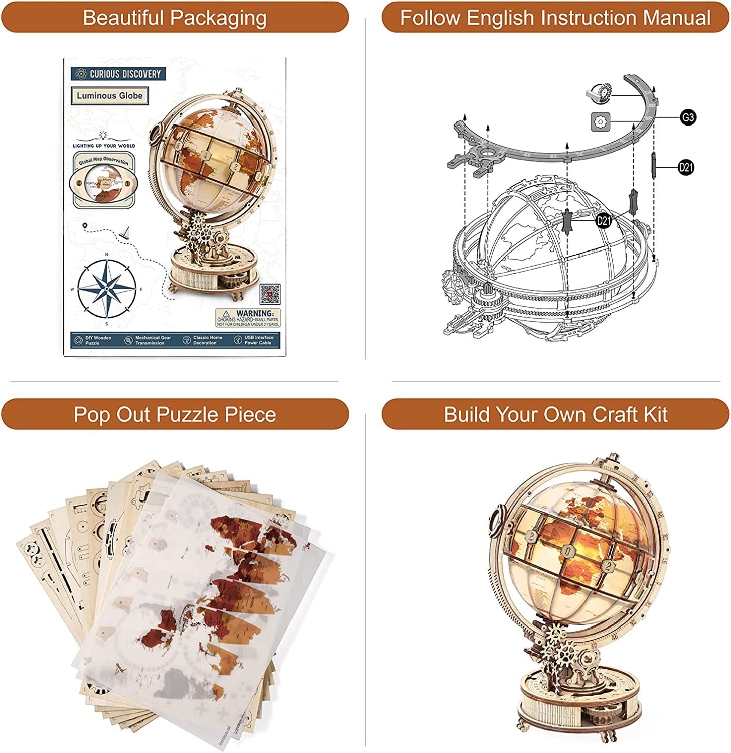 ROKR Luminous Globe 3D Wooden Puzzle Kit – Rotating LED Globe Model (ST003) - Artyhabit