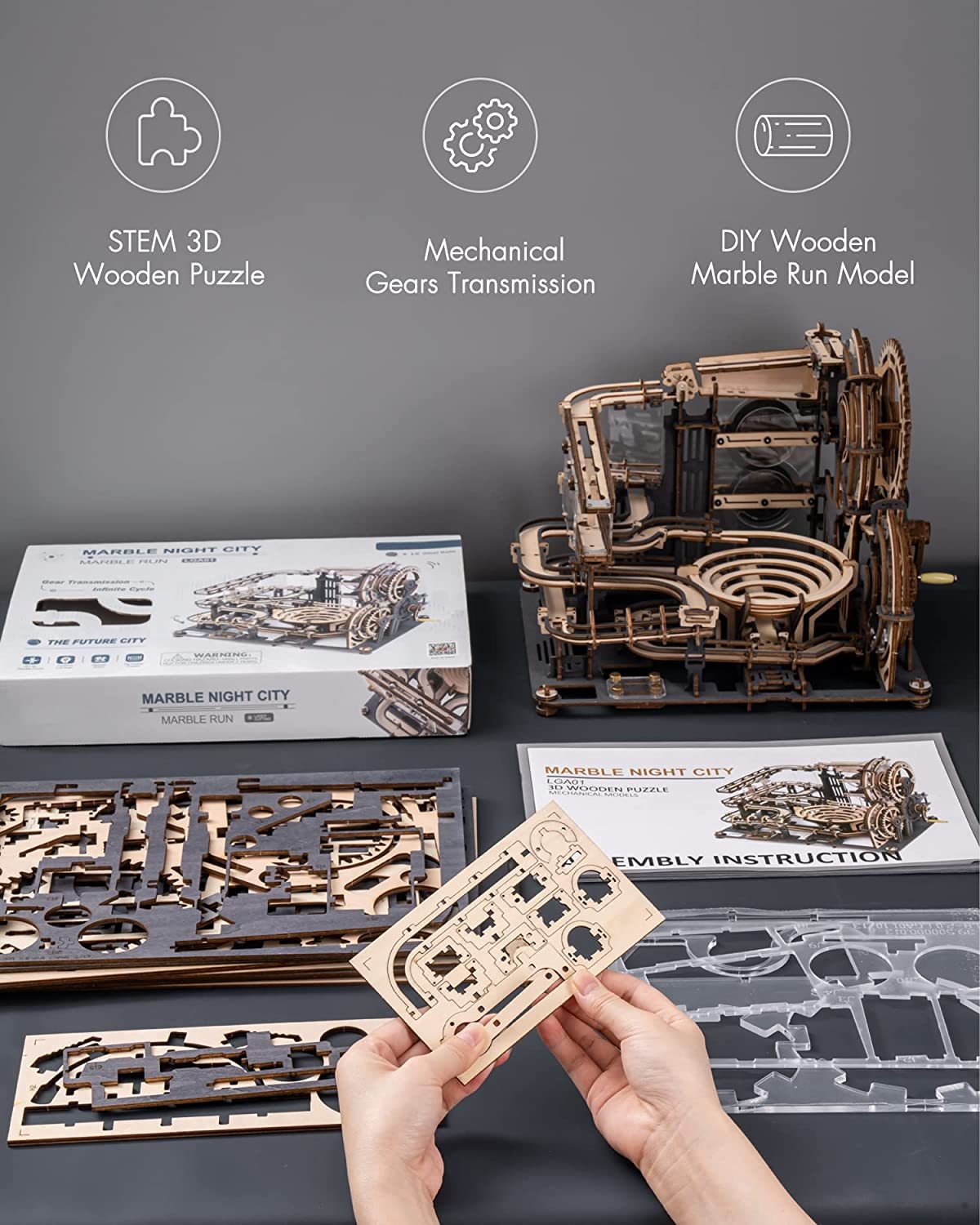 ROKR Marble Night City 3D Wooden Puzzle Kit – Mechanical Marble Run with Lights (LGA01) - Artyhabit