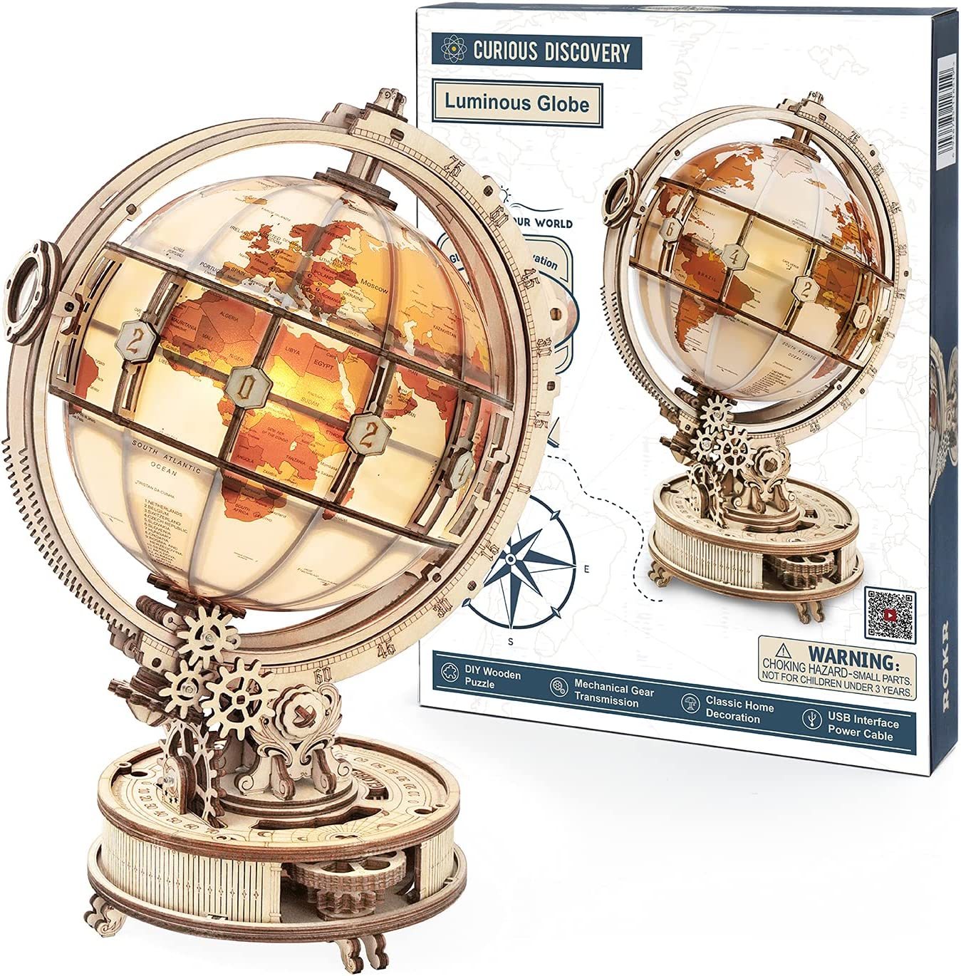 ROKR Luminous Globe 3D Wooden Puzzle Kit – Rotating LED Globe Model (ST003) - Artyhabit