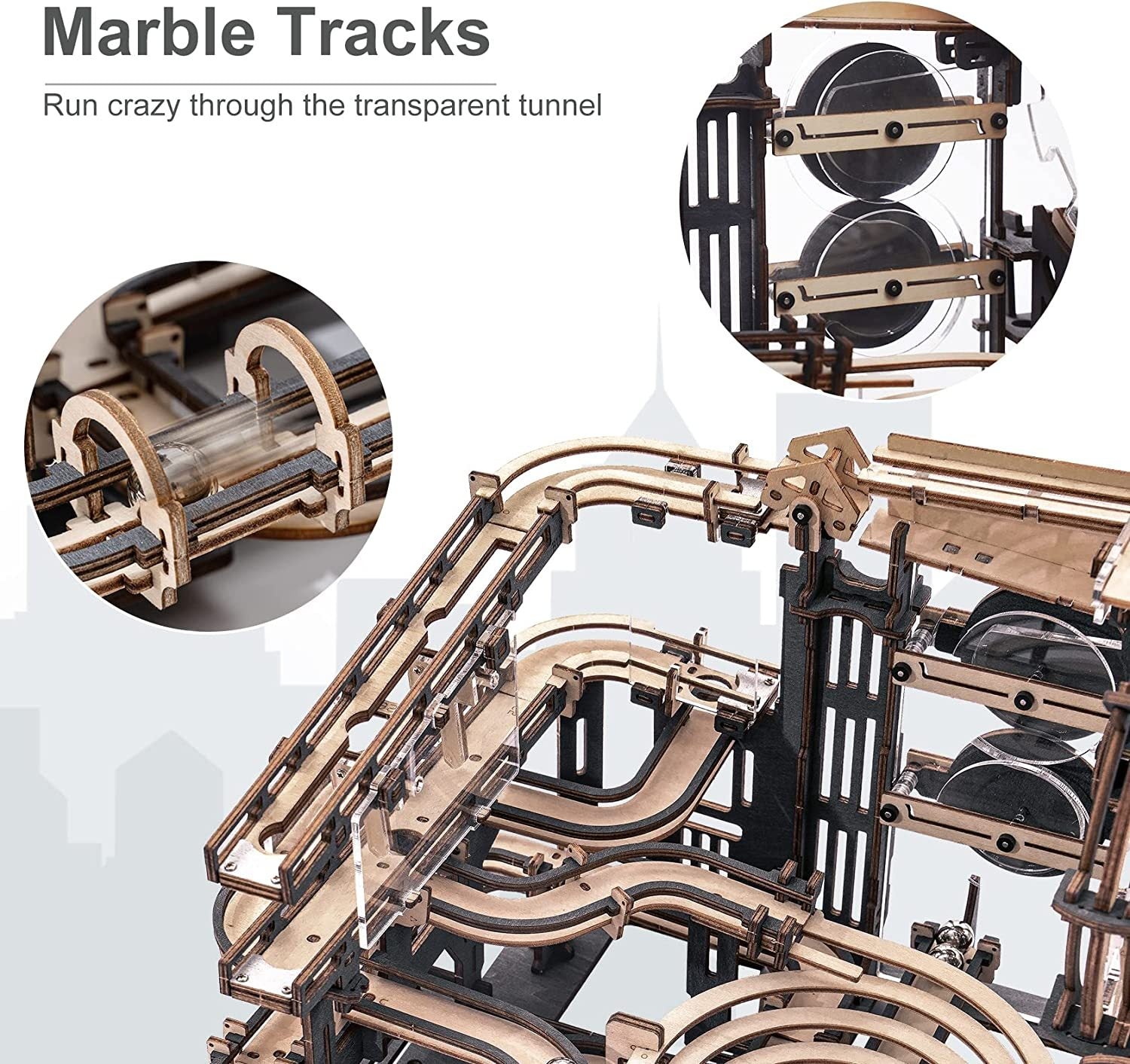 ROKR Marble Night City 3D Wooden Puzzle Kit – Mechanical Marble Run with Lights (LGA01) - Artyhabit