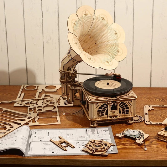 ROKR Classic Gramophone DIY Hand‑Crank Wooden Puzzle Kit (LKB01) – Playable Vintage Record Model - Artyhabit