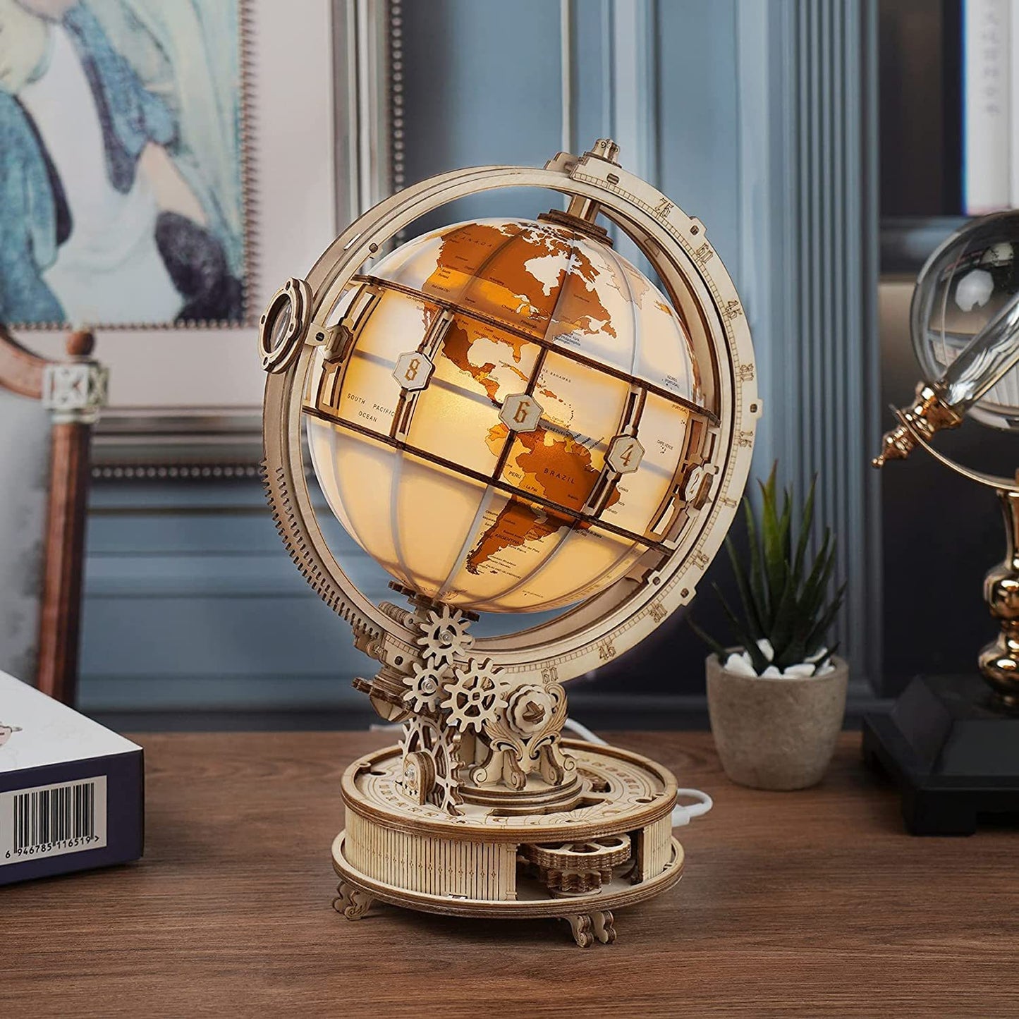 ROKR Luminous Globe 3D Wooden Puzzle Kit – Rotating LED Globe Model (ST003) - Artyhabit