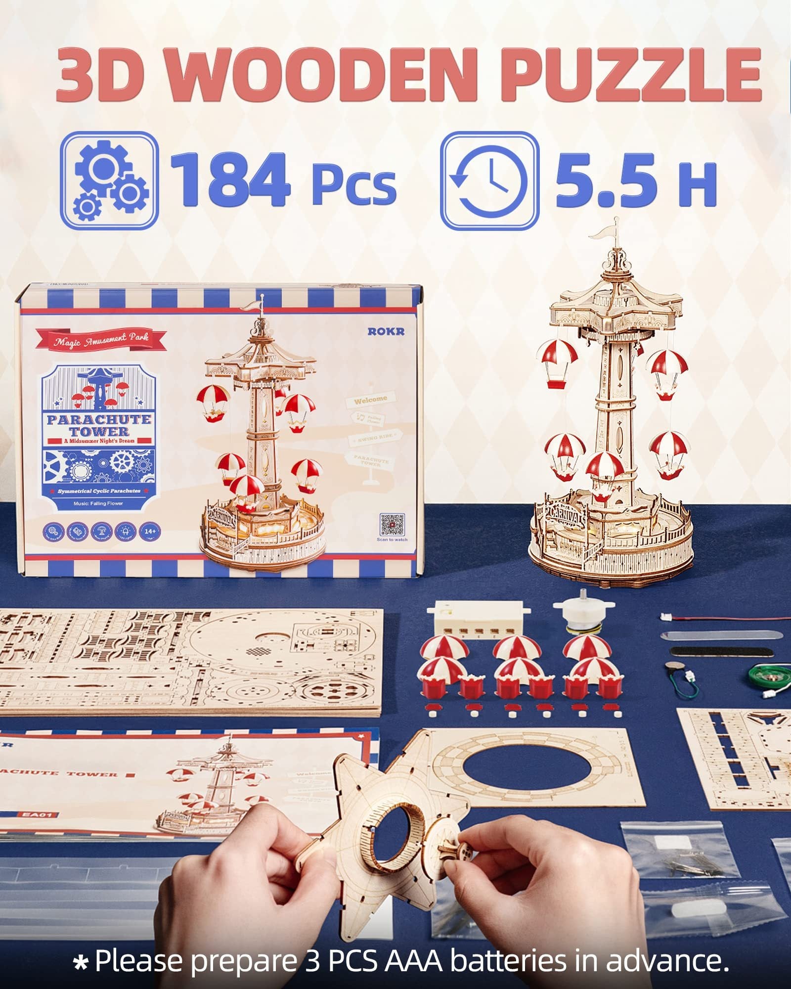 ROKR Parachute Tower DIY Music Box 3D Wooden Puzzle Kit (EA01) with Lights & Music - Artyhabit