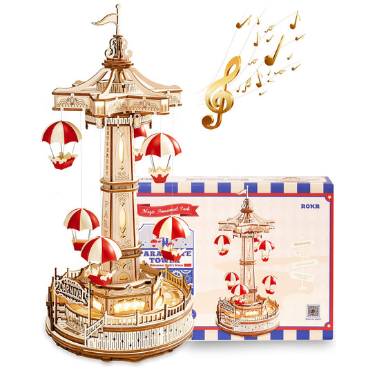 ROKR Parachute Tower DIY Music Box 3D Wooden Puzzle Kit (EA01) with Lights & Music - Artyhabit