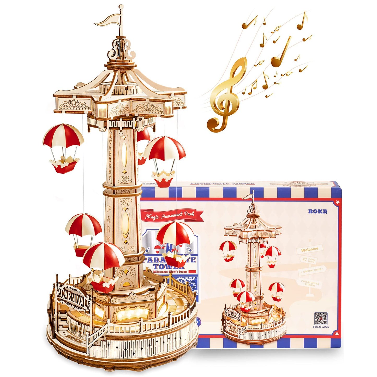 ROKR Parachute Tower DIY Music Box 3D Wooden Puzzle Kit (EA01) with Lights & Music - Artyhabit
