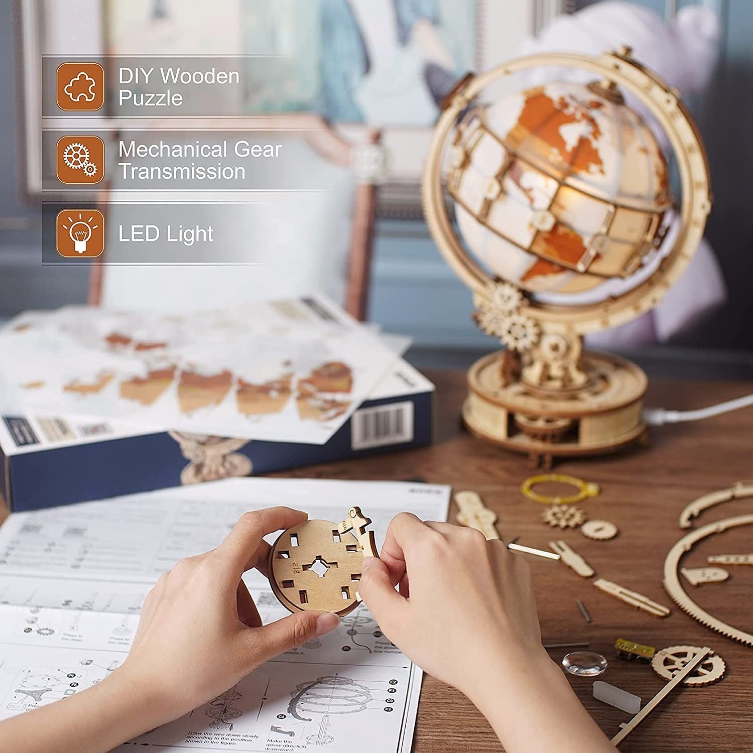 ROKR Luminous Globe 3D Wooden Puzzle Kit – Rotating LED Globe Model (ST003) - Artyhabit