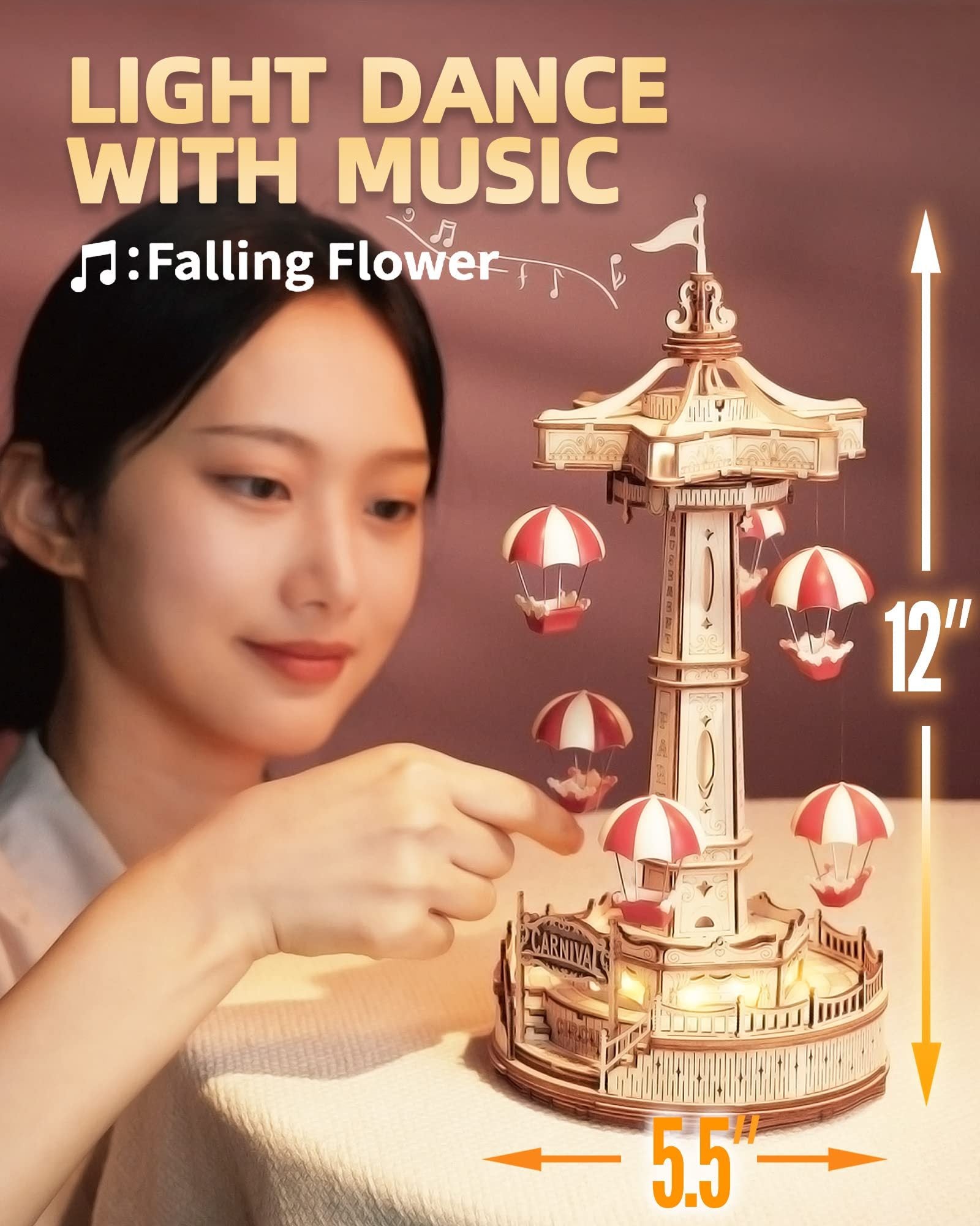 ROKR Parachute Tower DIY Music Box 3D Wooden Puzzle Kit (EA01) with Lights & Music - Artyhabit